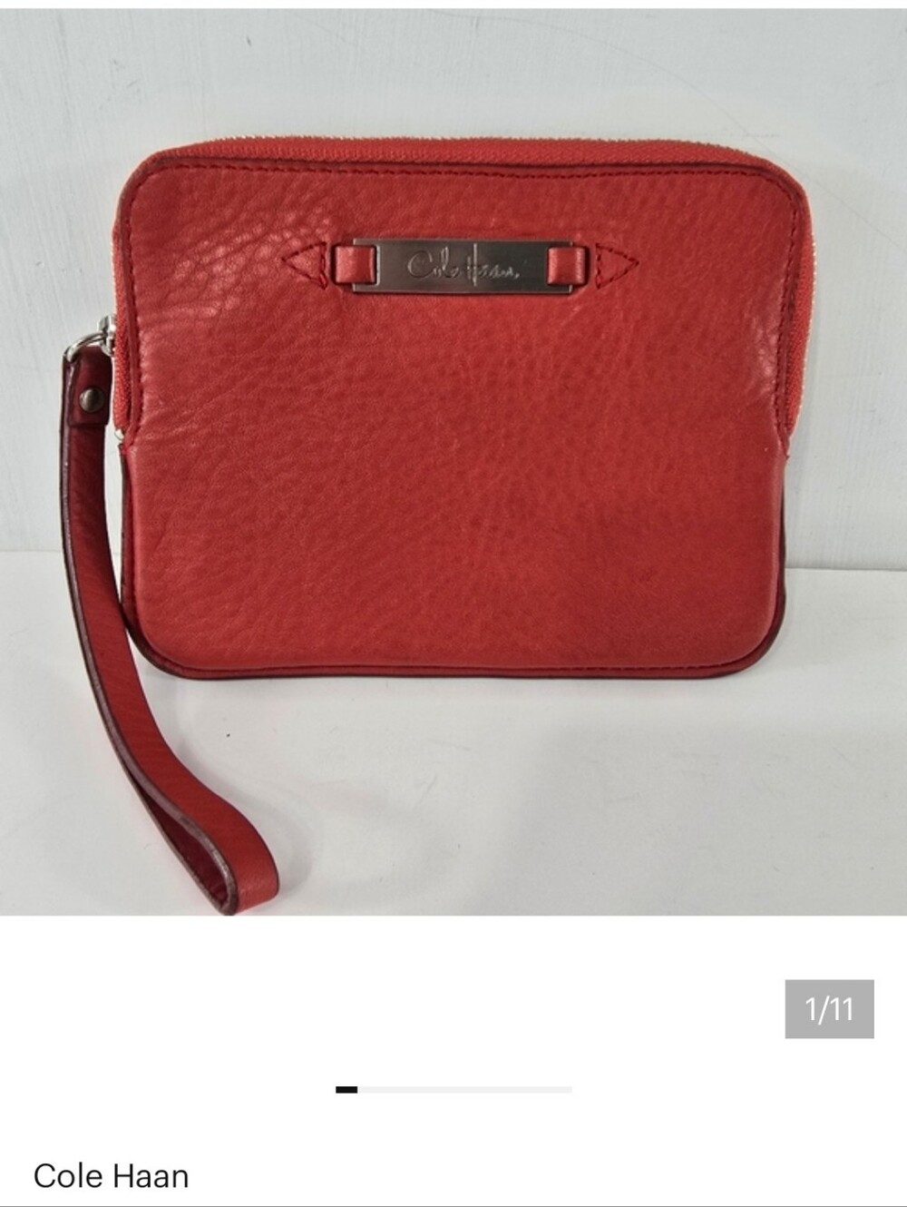 Cole Haan Leather Wristlet Tomato Red Wrist Bag Wallet Pebble Pebbled Minimalist